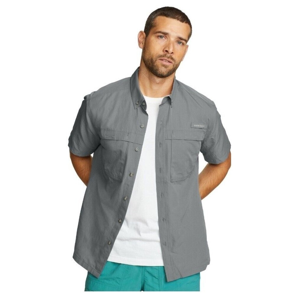 Eddie Bauer Rainier Mens Short Sleeve Button Shirt Gray/UPF50/Fishing/Outdoor - Picture 6 of 6